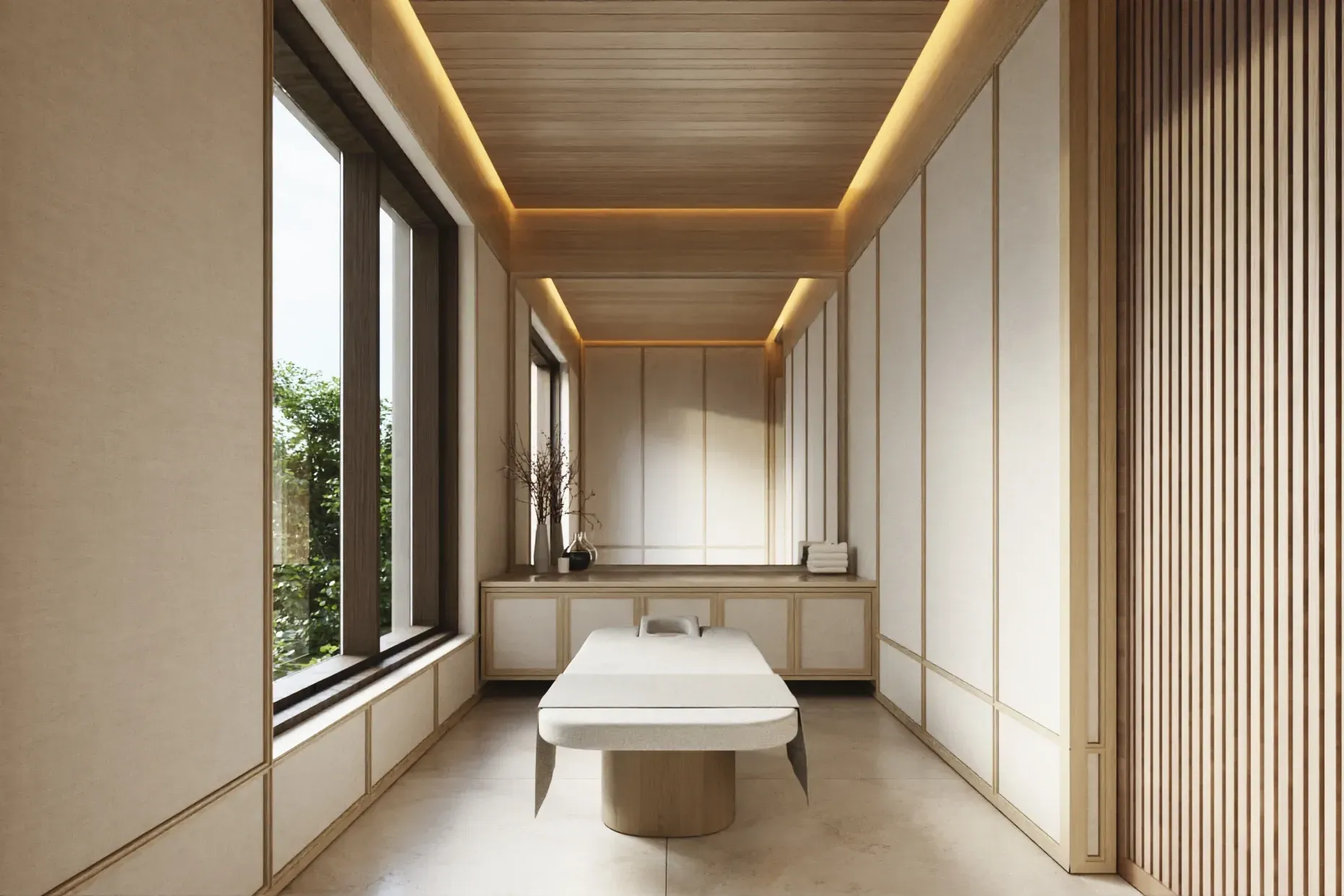 Modern spa bathroom with soaking tub, wooden ceiling details, and large windows overlooking greenery.
