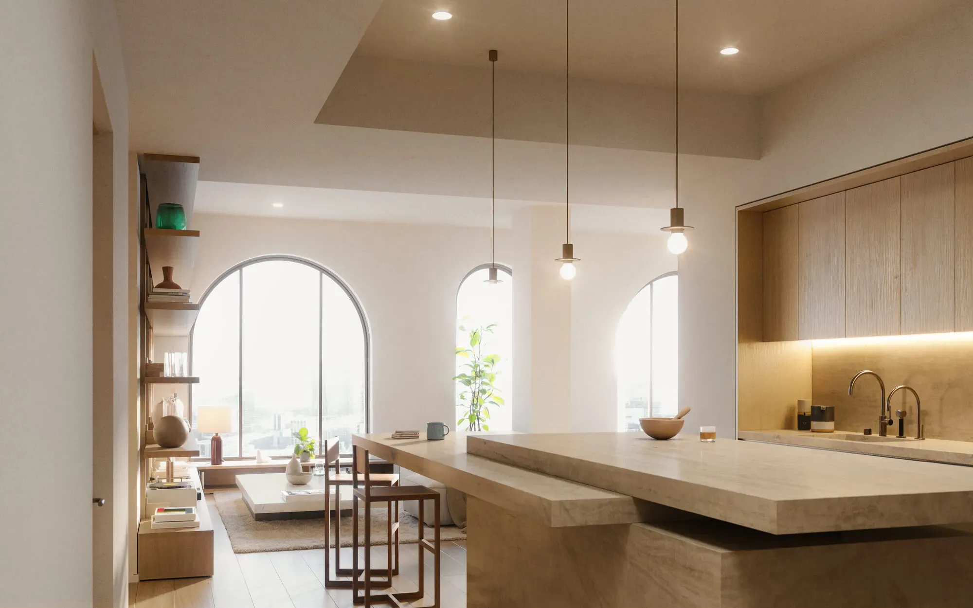 Modern kitchen and dining area with wooden cabinetry, pendant lighting, and arched windows overlooking city views