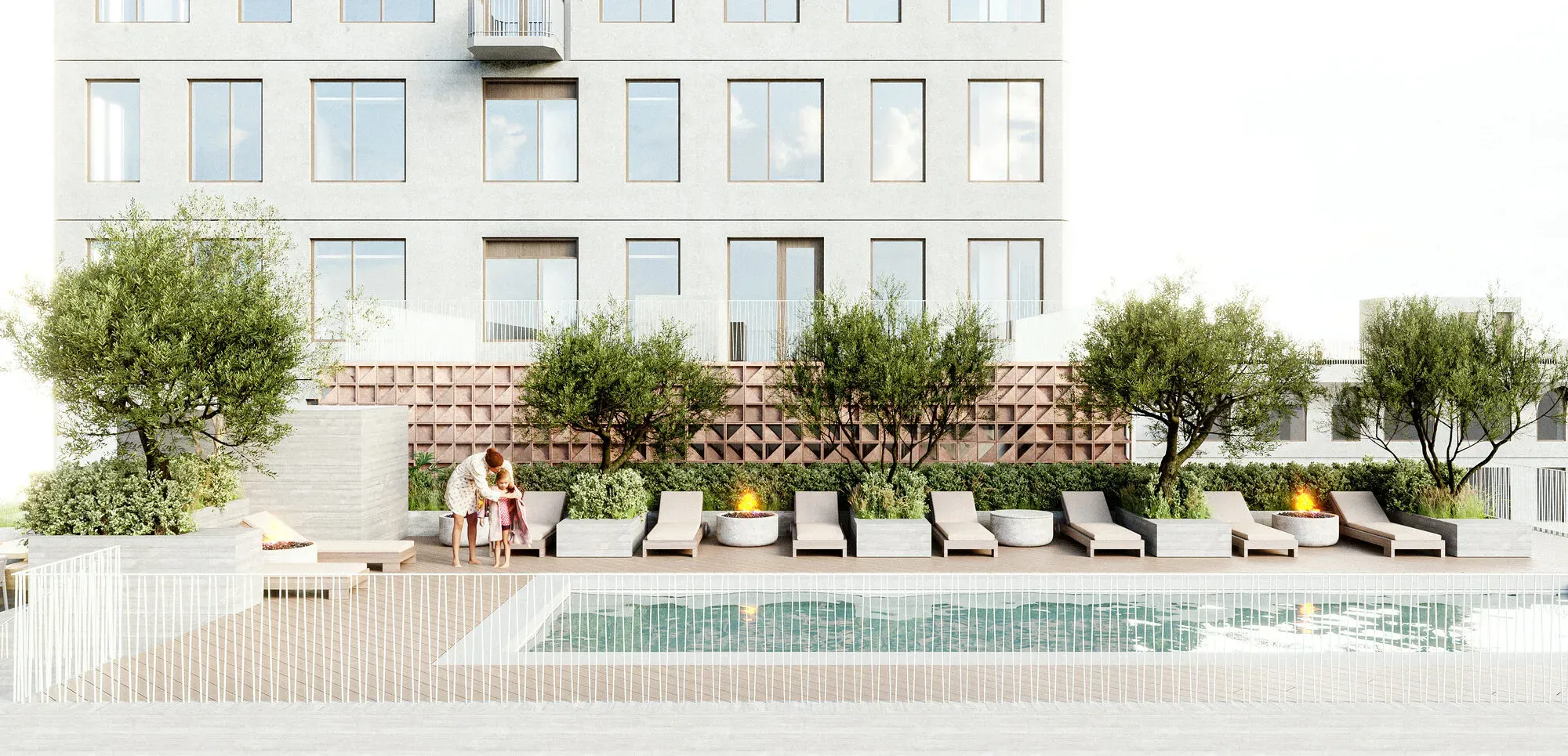 Modern residential building with rooftop pool, lounge chairs, and landscaped terrace with olive trees.