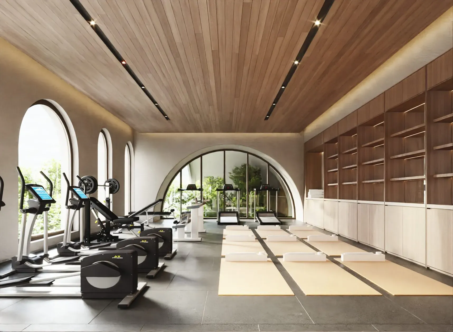 Rendering of the fitness studio with natural light and canyon views.