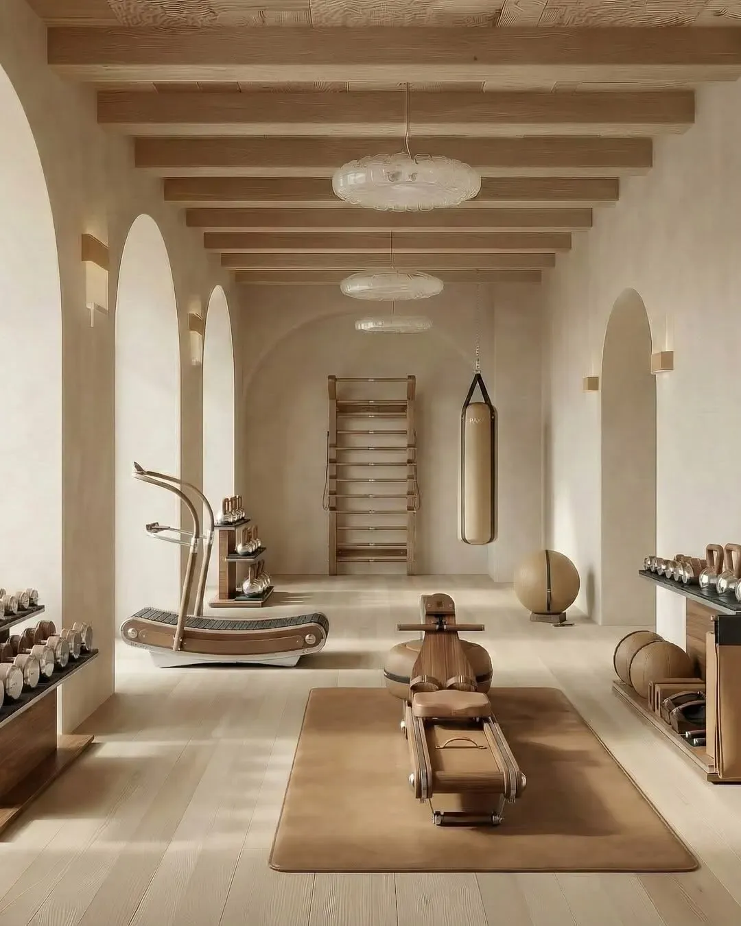 Rendering of the fitness room: arched openings, timber beams, a wood rower on a leather mat.
