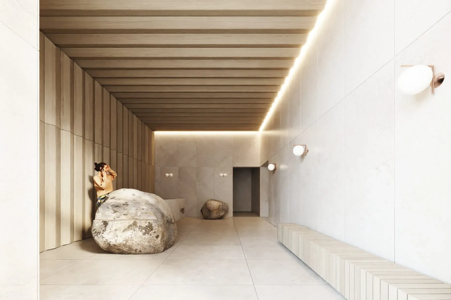 Rendering of the reception hall: a travertine desk beneath a slatted oak ceiling.