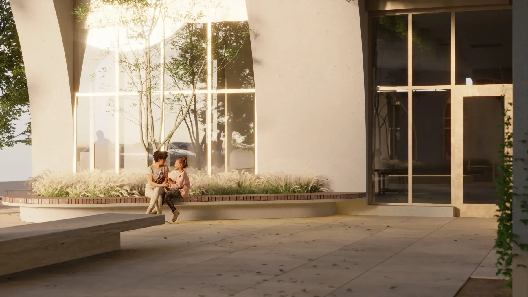 Rendering of a quiet residence patio in soft light.