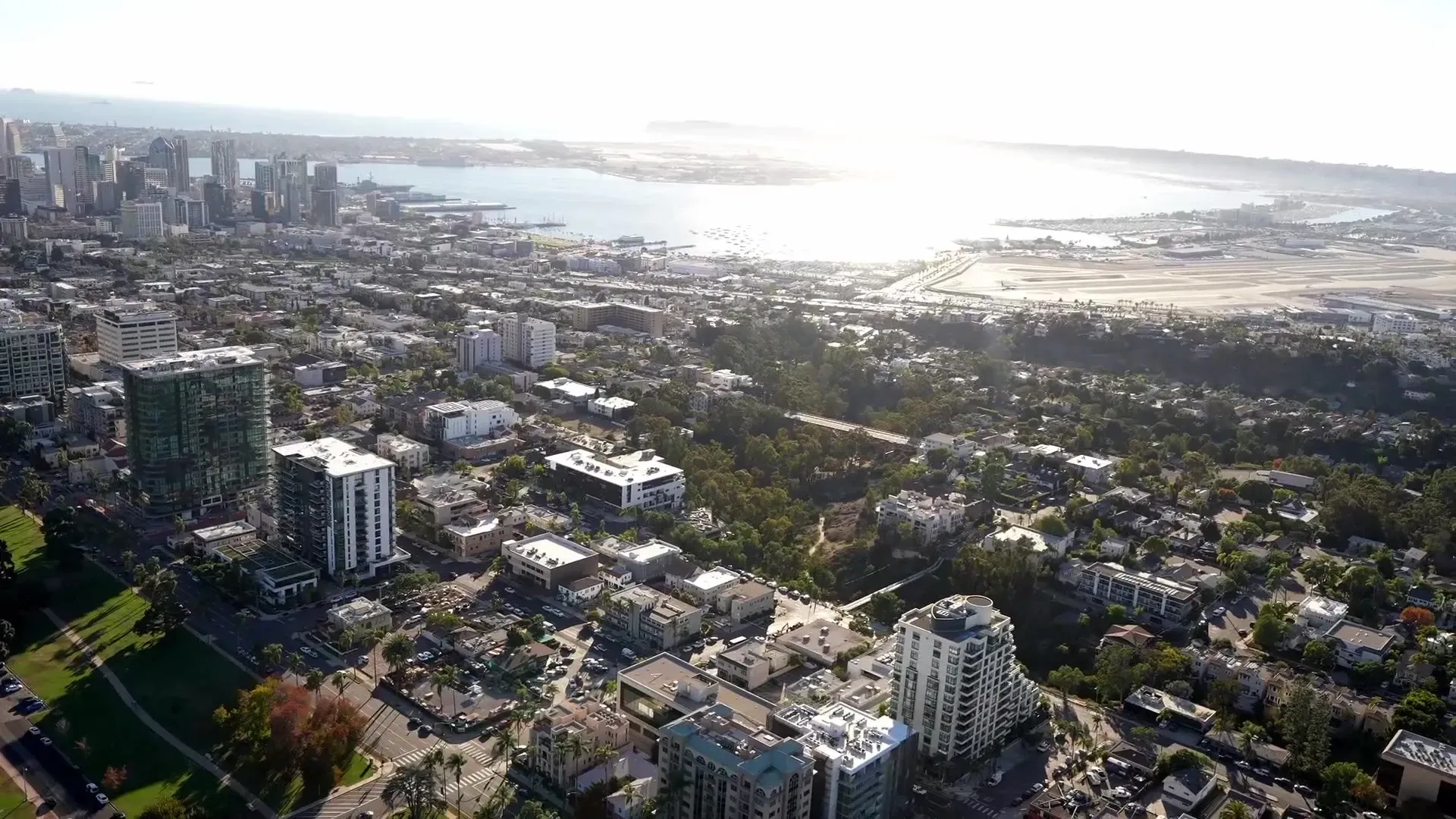 Aerial view of urban neighborhood with high-rise buildings, parks, and waterfront in the distance
