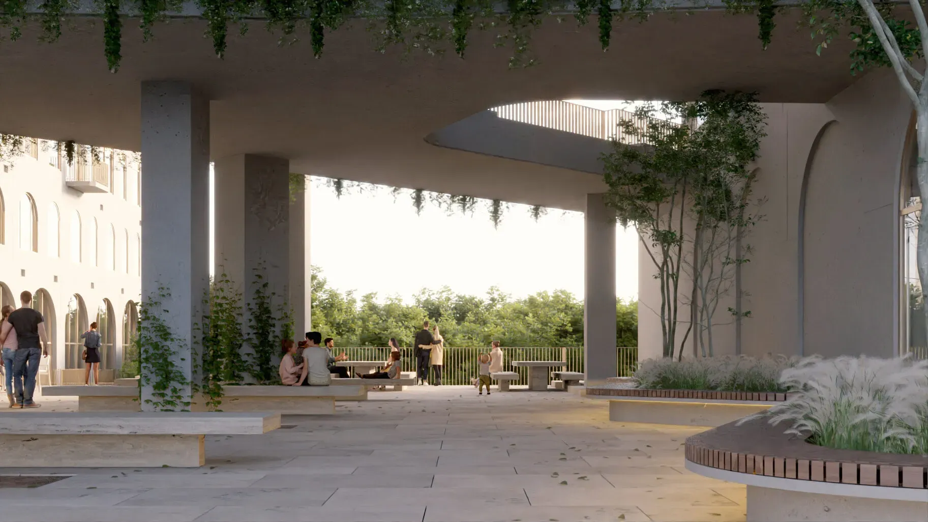 Rendering of the plaza beneath the bridge: travertine benches and the canyon rail at golden hour.