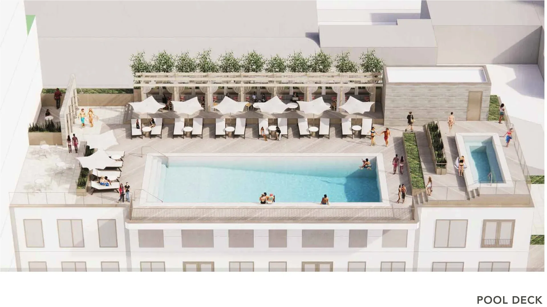 Rendering of the Level 11 grand pool deck with teak cabanas.