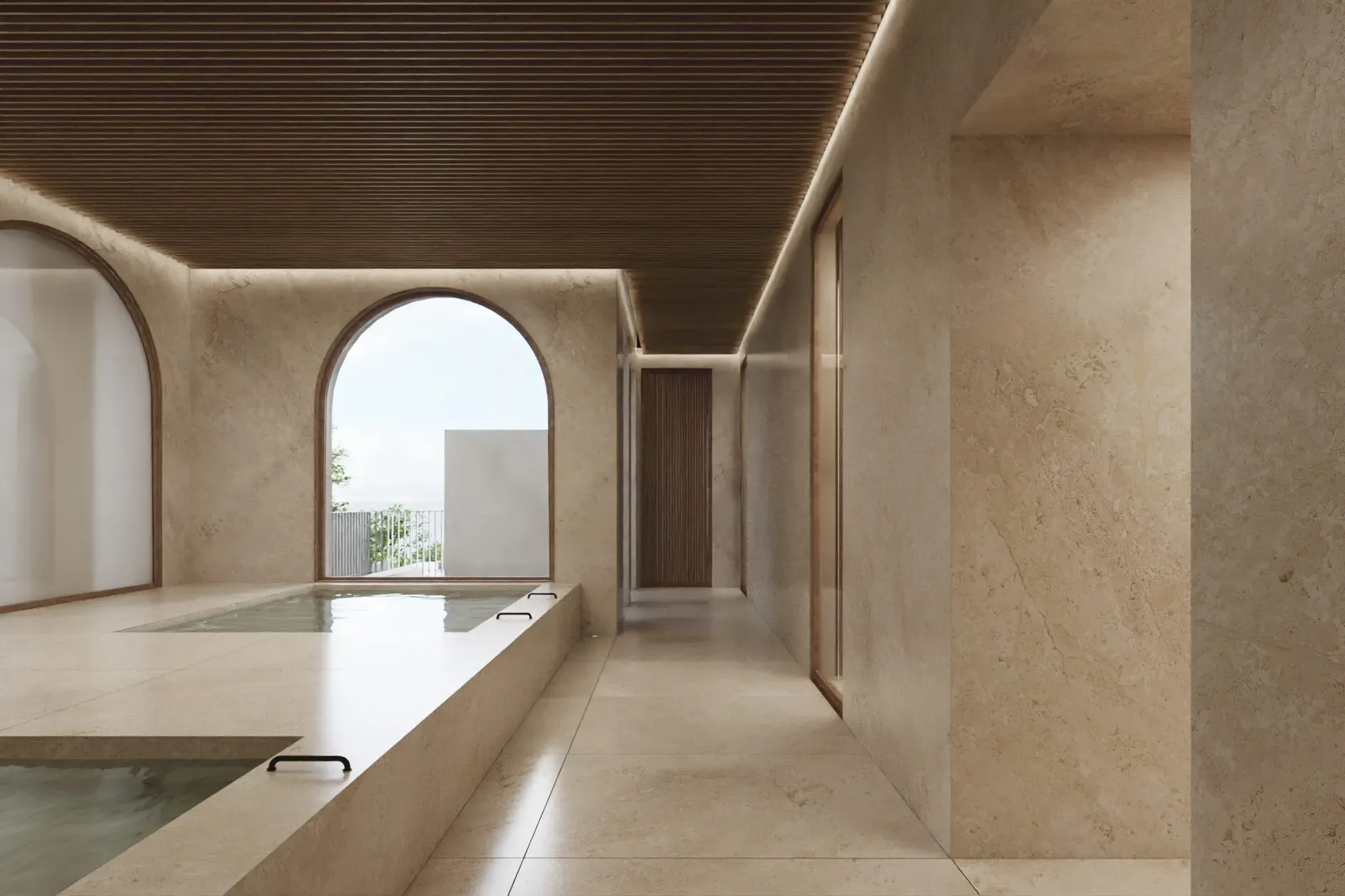 Rendering of the spa with travertine plunge pools.