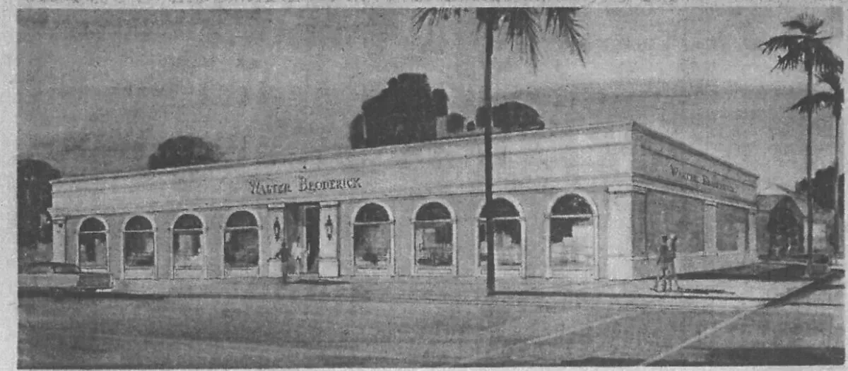 Archival rendering of Walter Broderick's remodel with its eight arched windows, 1974.