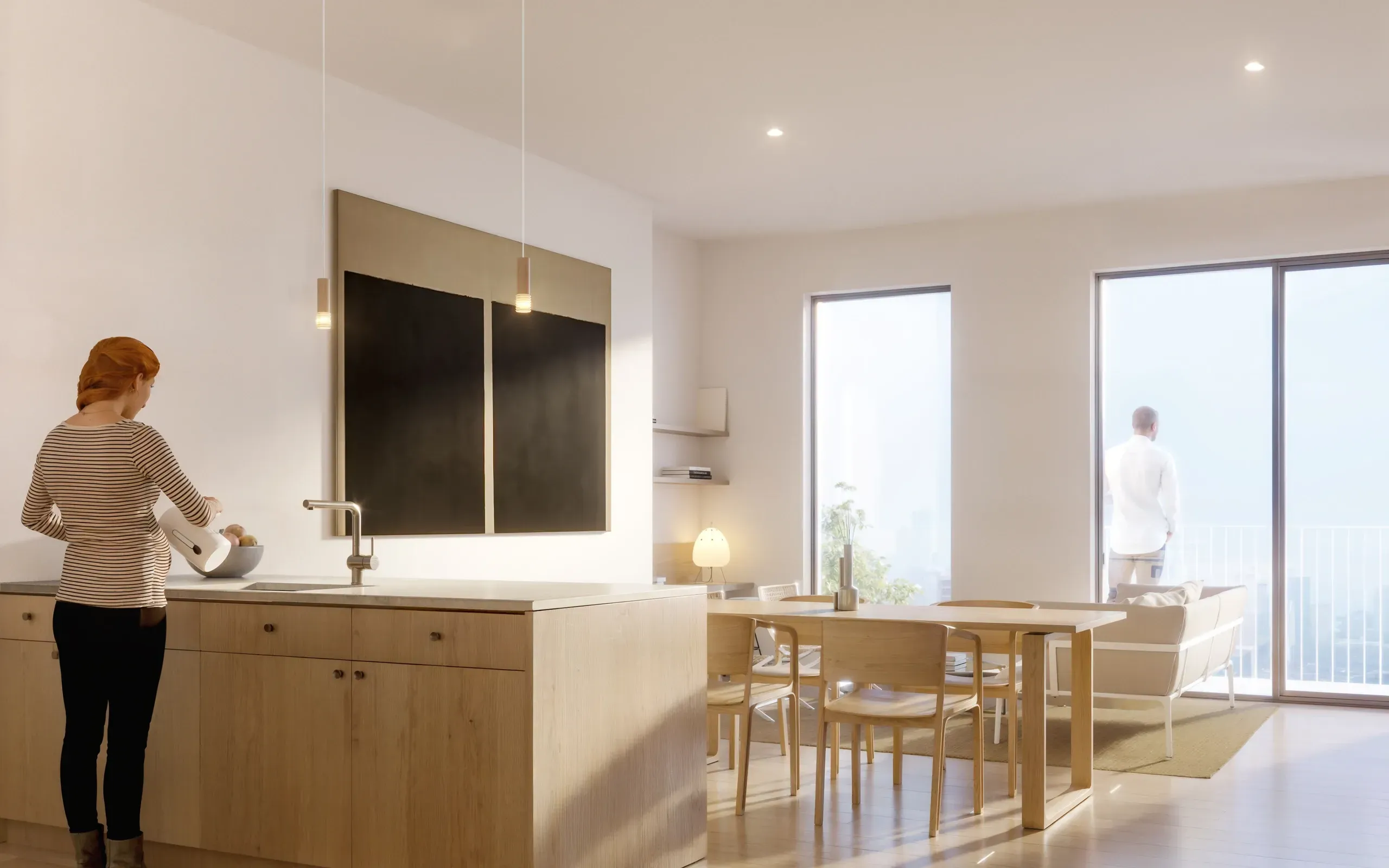 Modern kitchen and dining area with wooden cabinetry, island counter, and glass doors opening to a balcony with city views.