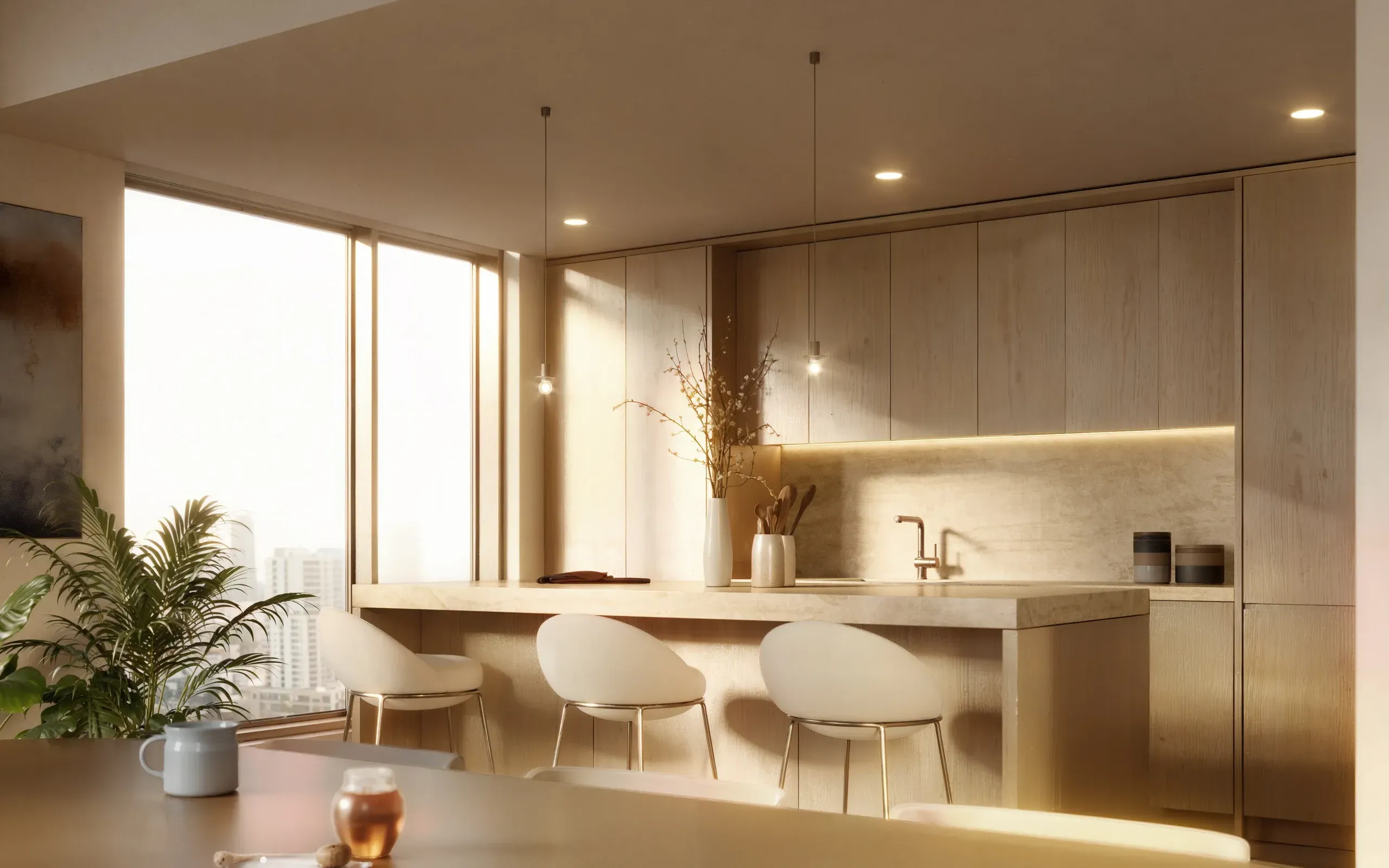 Modern kitchen with light wood cabinetry, island seating, pendant lighting, and large windows overlooking city views.